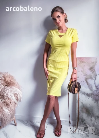 Елегантна дамска оребрена памучна рокля с дължина до коляното INEZ, снимка 6 - Рокли - 50968568