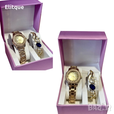Луксозен дамски комплект – елегантен часовник и изискана гривна със скъпоценни камъни