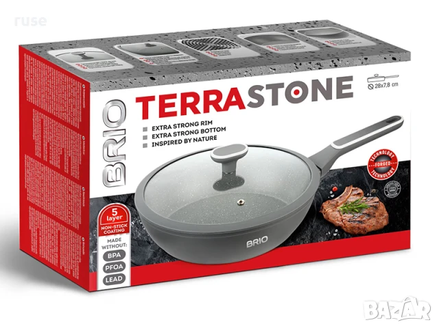НОВИ! Дълбок уок тиган с капак индукция 28x7.5см Terra Stone Brio