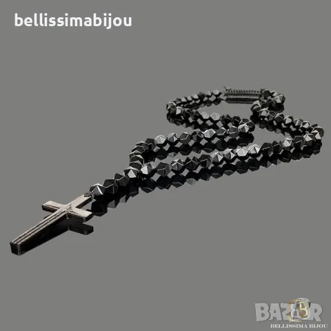 Мъжки Гердан/Броеница от Фасетиран Оникс и Стоманен Кръст