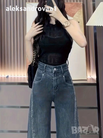Модерни дънки с камъчета – висока талия, Wide Leg, снимка 2 - Дънки - 53233742