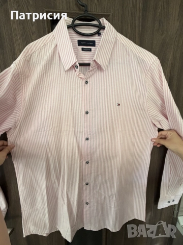 Чисто нова мъжка риза Tommy Hilfiger Classic Fit с дълъг ръкав, дизайн розово  бяло райе, размер XXL, снимка 5 - Ризи - 56045069