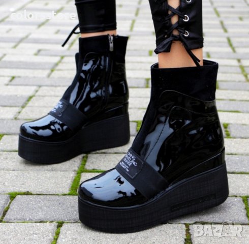 Боти на платформа - черен лак - K135, снимка 3 - Дамски боти - 38057641