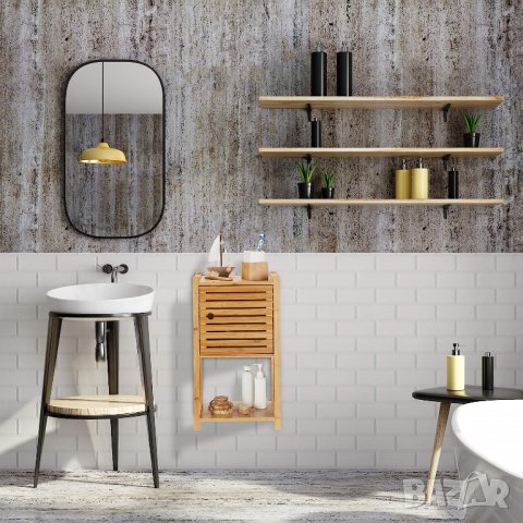 Бамбукова етажерка за баня Relaxdays, 2 рафта и 1 отделение с врата, баня и кухня., снимка 2 - Етажерки - 39975837