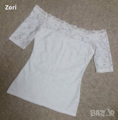 Дантелена бяла блуза с къс дантелен ръкав и отворени рамене , снимка 1