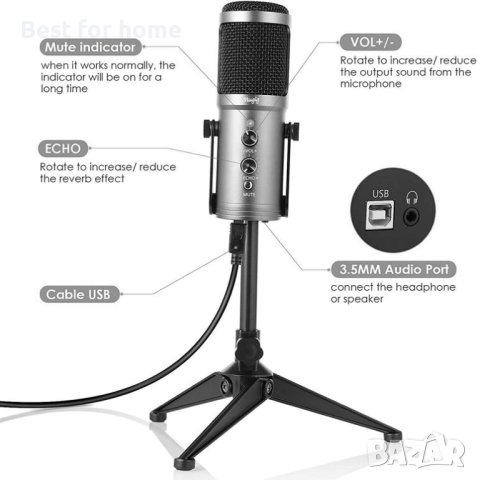 USB кондензаторен микрофон със статив и поп филтър111 от Mugig K58 >70dB, 5V, , снимка 7 - Микрофони - 42062648