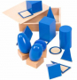 Сини геометрични тела Монтесори в кутия с поставки и знаци 